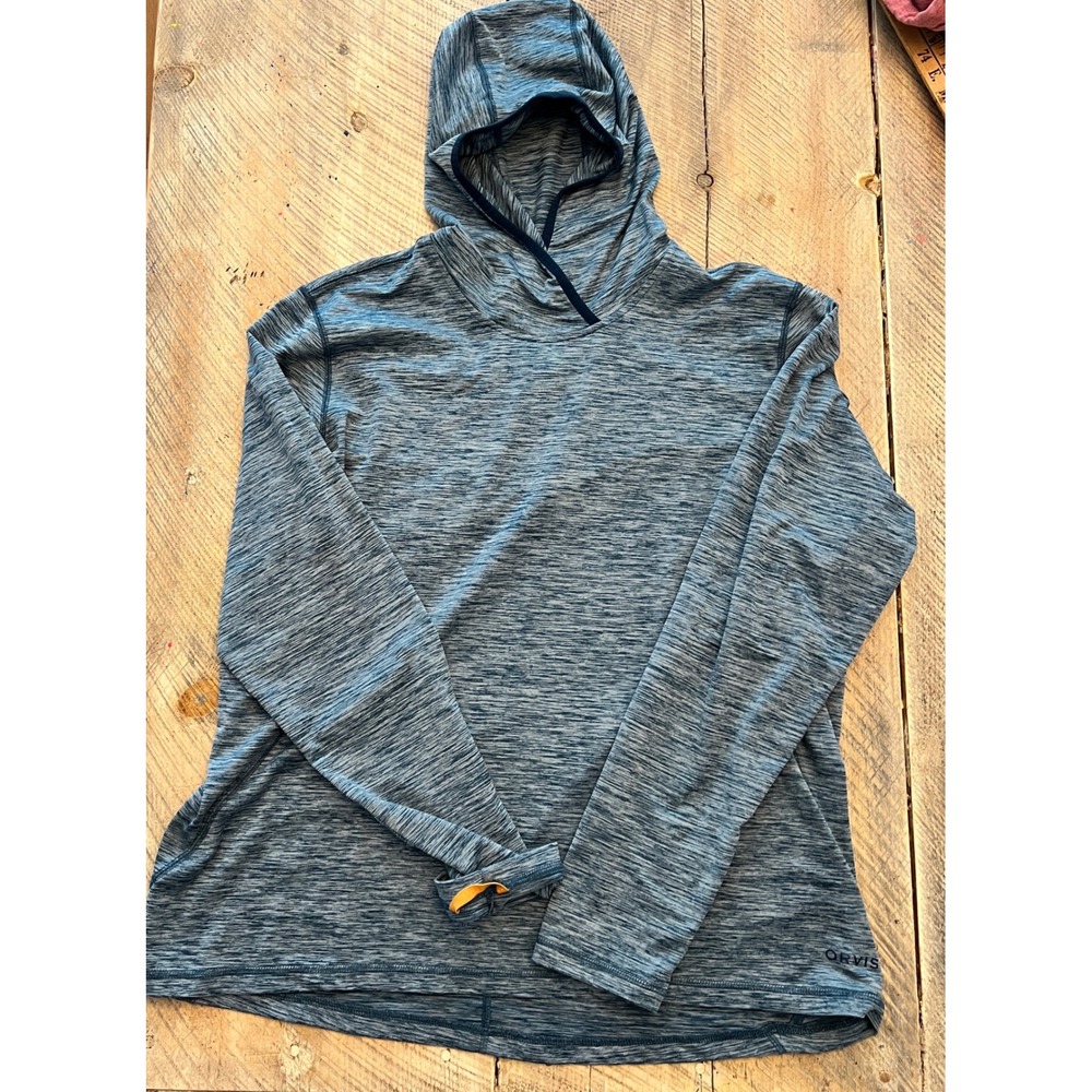 Orvis Sun Hoodie Women XL Blue Space Dye Heather Athletic Thumb Loop Excellent